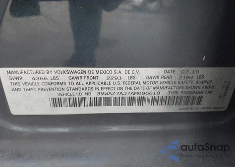 2010 Volkswagen Jetta Limited Edition z USA, uszkodzony, nr VIN 3VWAZ7AJ7AM096618